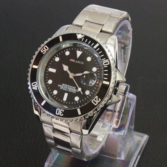 Men's Diver Style Watch Black Uni-directional Bezel Stainless Bracelet 40mm - Picture 4 of 11